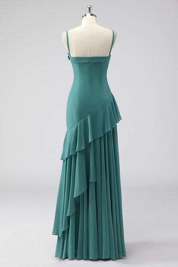 volants gris vert spaghetti bretelles fourreau robe d’invité de mariage